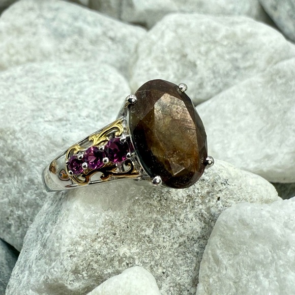 NWT Zawadi Chocolate Sapphire & Orissa Rhodolite Garnet Ring 9.00ct Two-Tone - Picture 5 of 16